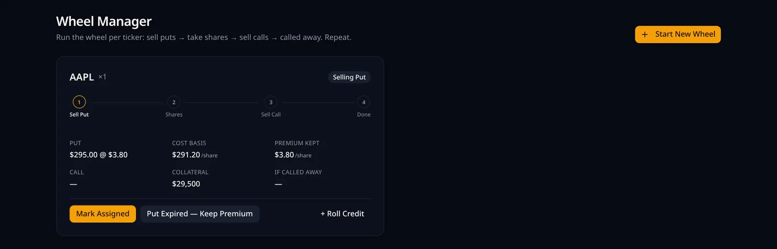 ThetaIQ wheel campaign tracker showing cycles and premium kept per ticker